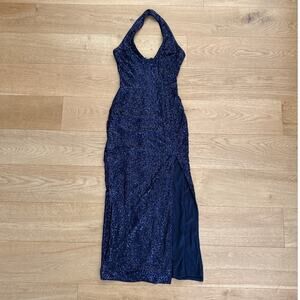 Lulu's Maxi Dress Halter Neck Sequins Size M Navy Blue